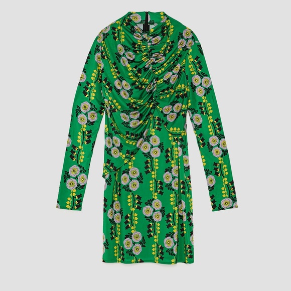 Zara NWT Green Draped Floral Dress - Picture 2 of 10